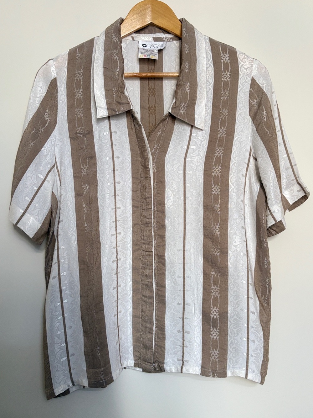 Chagall Vintage 90s Brown White Jacquard Stripe Shirt Size 10
